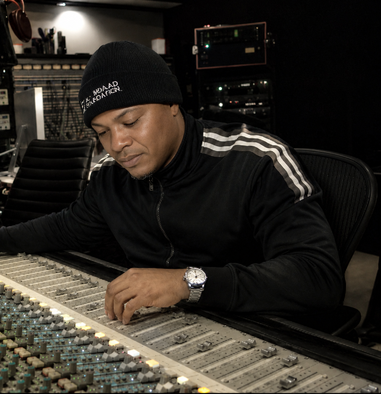 Marcuis Khulu Matthews, Founder and Chief Executive Officer of Khulu-Mani Group, at a recording studio mixing console