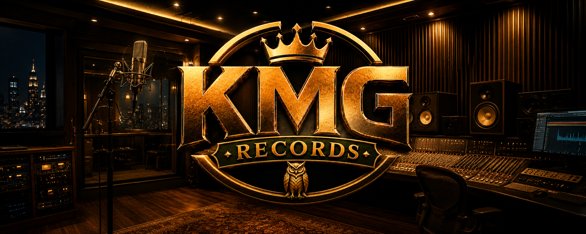 KMG Records — gold crown crest in a premium recording studio